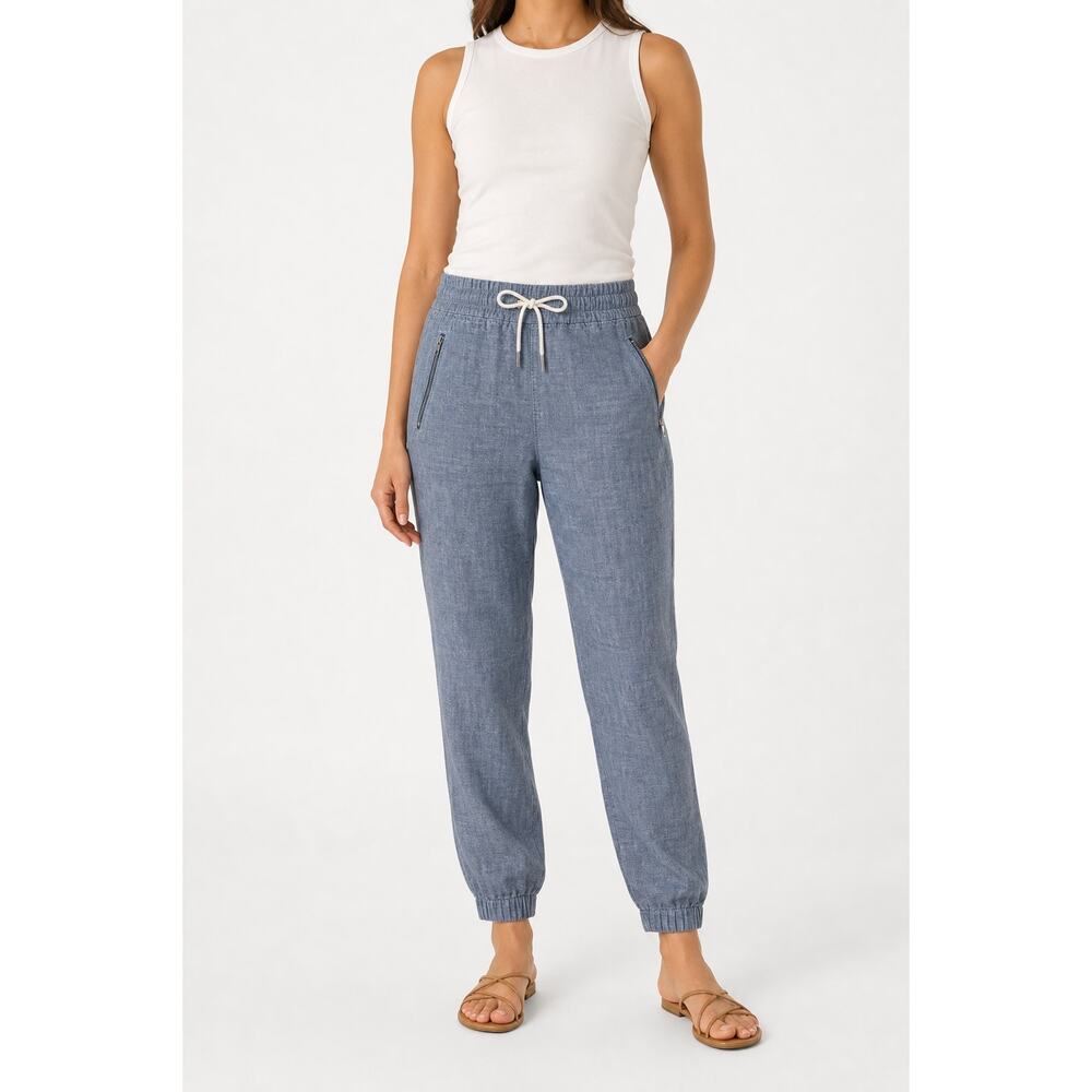 Athleta Cabo Linen Jogger Pants Chambray Blue Linen Size 8 Athleisure